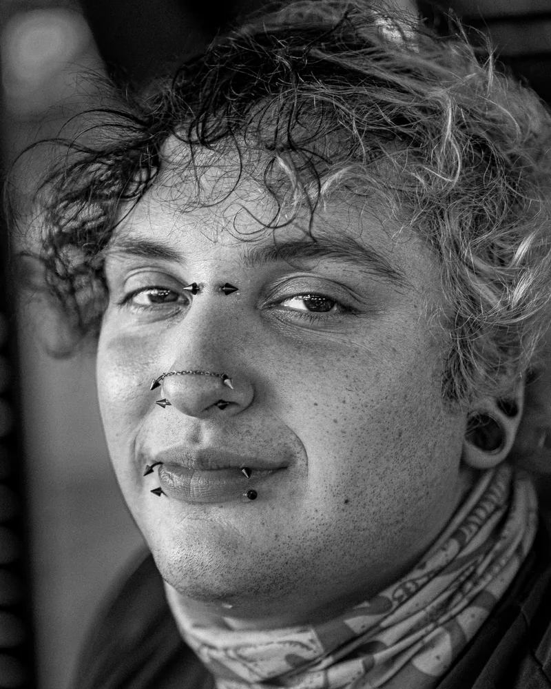 Black and white close portrait with a direct gaze